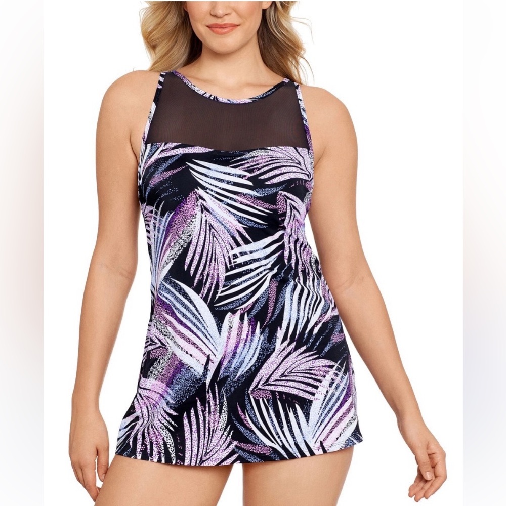 SWIM SOLUTIONS Swimdress High Neck Sprinkle Leaf Multicolor Black Plus Size 16